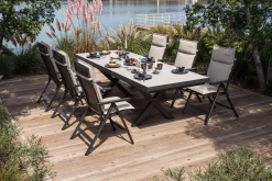 Outlet Serro Garten-Essgruppe, anthrazit matt/schwarz/grau/nature, Alu/Steinimitat/Textilene, 200/260 x 100 cm, 6 Klappstühle inkl. 6 Auflagen Garten-Essgruppen