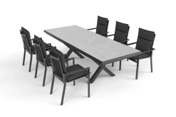 Discount Serro Garten-Essgruppe, anthrazit matt/schwarz/grau, Alu/Steinimitat/Textilene/Polyester, Tisch 200/260 x 100 cm, 6 Stapelsessel inkl. 6 Auflagen Garten-Essgruppen
