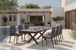 Discount Serro Garten-Essgruppe, anthrazit matt/schwarz/grau, Alu/Steinimitat/Textilene/Polyester, Tisch 200/260 x 100 cm, 6 Stapelsessel inkl. 6 Auflagen Garten-Essgruppen