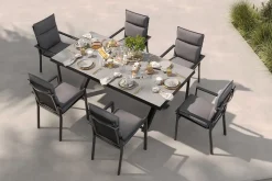 Discount Serro Garten-Essgruppe, anthrazit matt/schwarz/grau, Alu/Steinimitat/Textilene/Polyester, Tisch 200/260 x 100 cm, 6 Stapelsessel inkl. 6 Auflagen Garten-Essgruppen