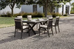 Best Serro Garten-Essgruppe, anthrazit matt/schwarz,nature, Alu/Steinimitat/Textilene/Polyester, Tisch 200/260 x 100 cm, 6 Stapelsessel inkl. 6 Auflagen Garten-Essgruppen