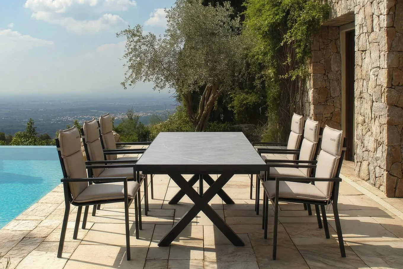 Best Serro Garten-Essgruppe, anthrazit matt/schwarz,nature, Alu/Steinimitat/Textilene/Polyester, Tisch 200/260 x 100 cm, 6 Stapelsessel inkl. 6 Auflagen Garten-Essgruppen