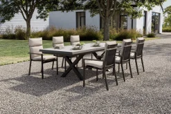 Best Serro Garten-Essgruppe, anthrazit matt/schwarz,nature, Alu/Steinimitat/Textilene/Polyester, Tisch 200/260 x 100 cm, 6 Stapelsessel inkl. 6 Auflagen Garten-Essgruppen