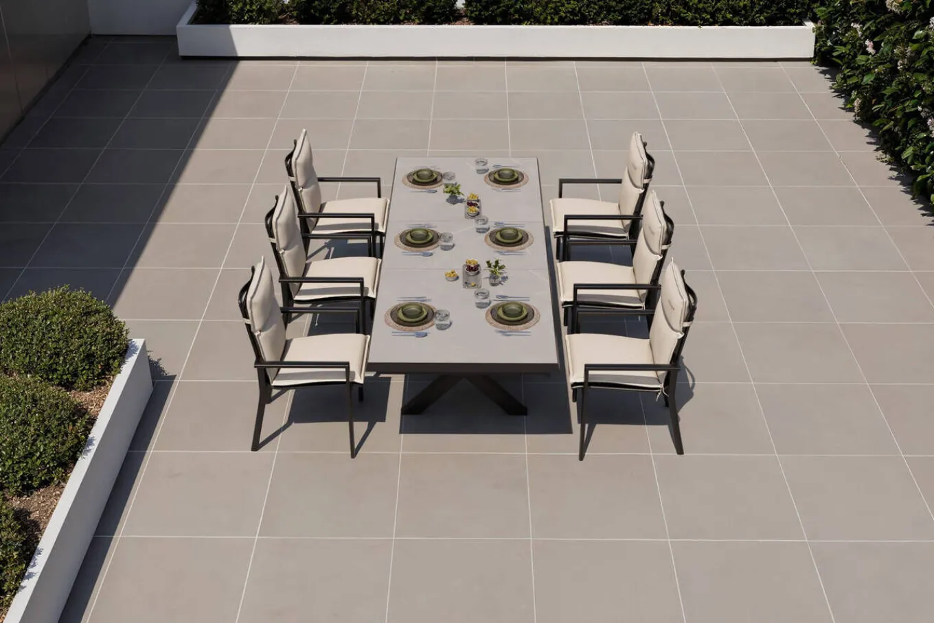 Best Serro Garten-Essgruppe, anthrazit matt/schwarz,nature, Alu/Steinimitat/Textilene/Polyester, Tisch 200/260 x 100 cm, 6 Stapelsessel inkl. 6 Auflagen Garten-Essgruppen