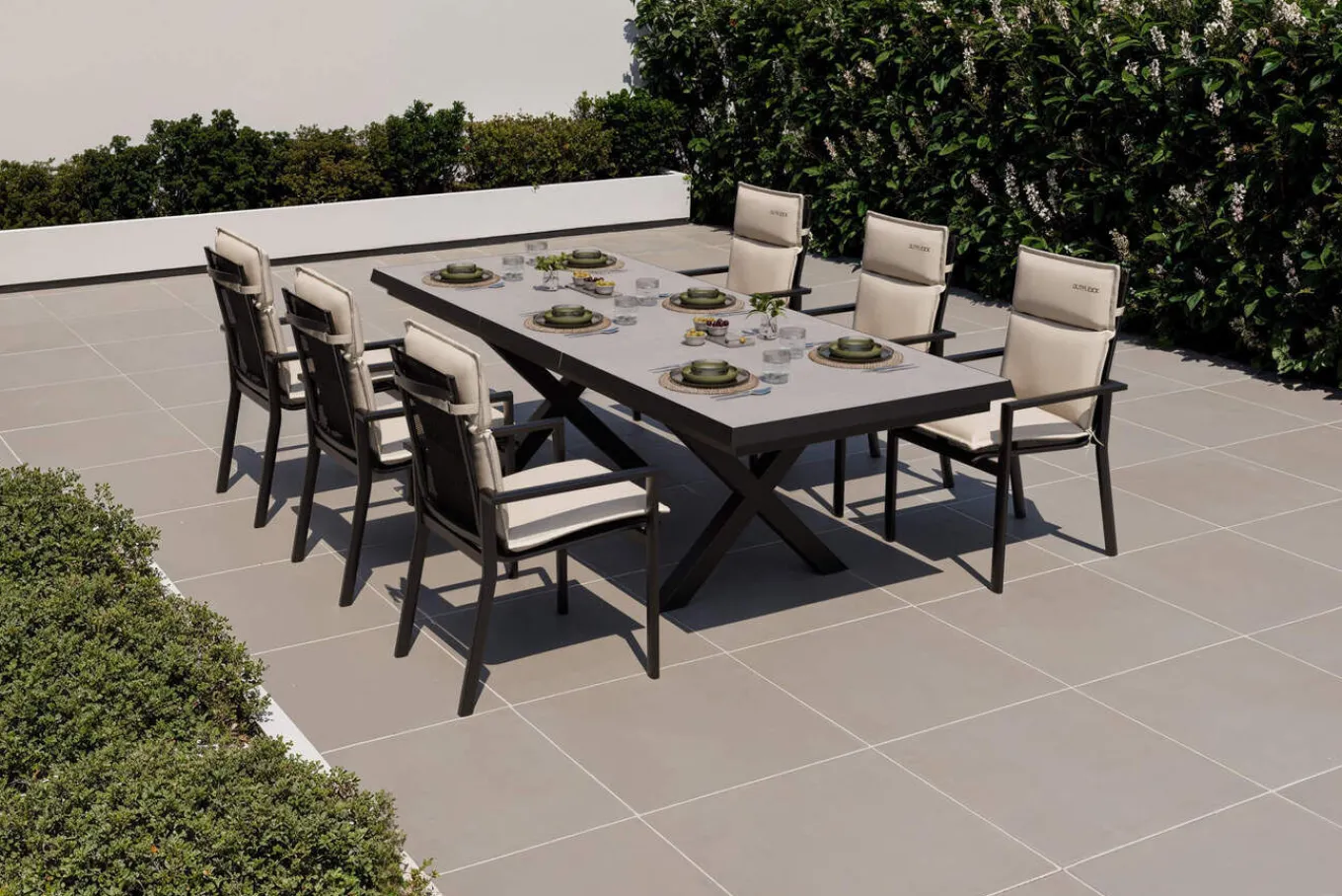 Best Serro Garten-Essgruppe, anthrazit matt/schwarz,nature, Alu/Steinimitat/Textilene/Polyester, Tisch 200/260 x 100 cm, 6 Stapelsessel inkl. 6 Auflagen Garten-Essgruppen