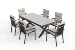 Best Serro Garten-Essgruppe, anthrazit matt/schwarz,nature, Alu/Steinimitat/Textilene/Polyester, Tisch 200/260 x 100 cm, 6 Stapelsessel inkl. 6 Auflagen Garten-Essgruppen