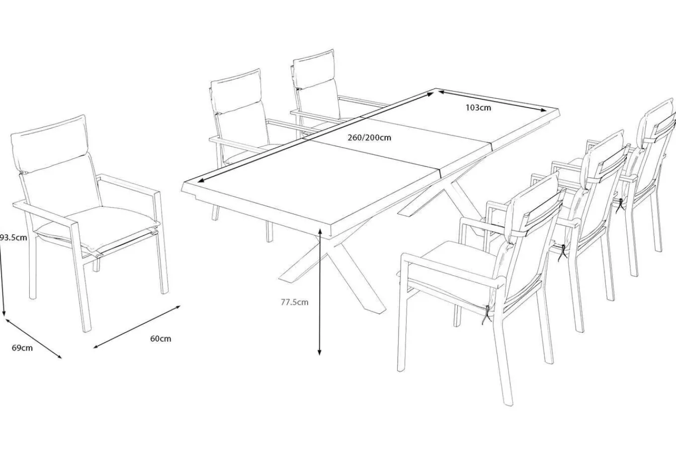 Best Serro Garten-Essgruppe, anthrazit matt/schwarz,nature, Alu/Steinimitat/Textilene/Polyester, Tisch 200/260 x 100 cm, 6 Stapelsessel inkl. 6 Auflagen Garten-Essgruppen