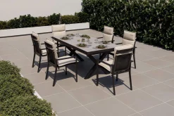 Best Serro Garten-Essgruppe, anthrazit matt/schwarz,nature, Alu/Steinimitat/Textilene/Polyester, Tisch 200/260 x 100 cm, 6 Stapelsessel inkl. 6 Auflagen Garten-Essgruppen