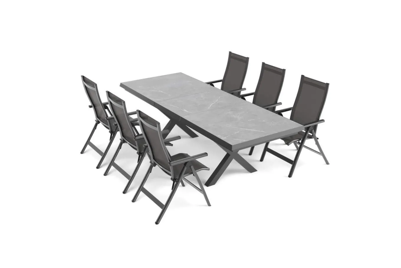 Serro Garten-Essgruppe, anthrazit matt/schwarz/grau, Aluminium/Steinimitat/Textilene, 200/260 x 100 cm, ausziehbar, 6 Klappstühle Garten-Essgruppen