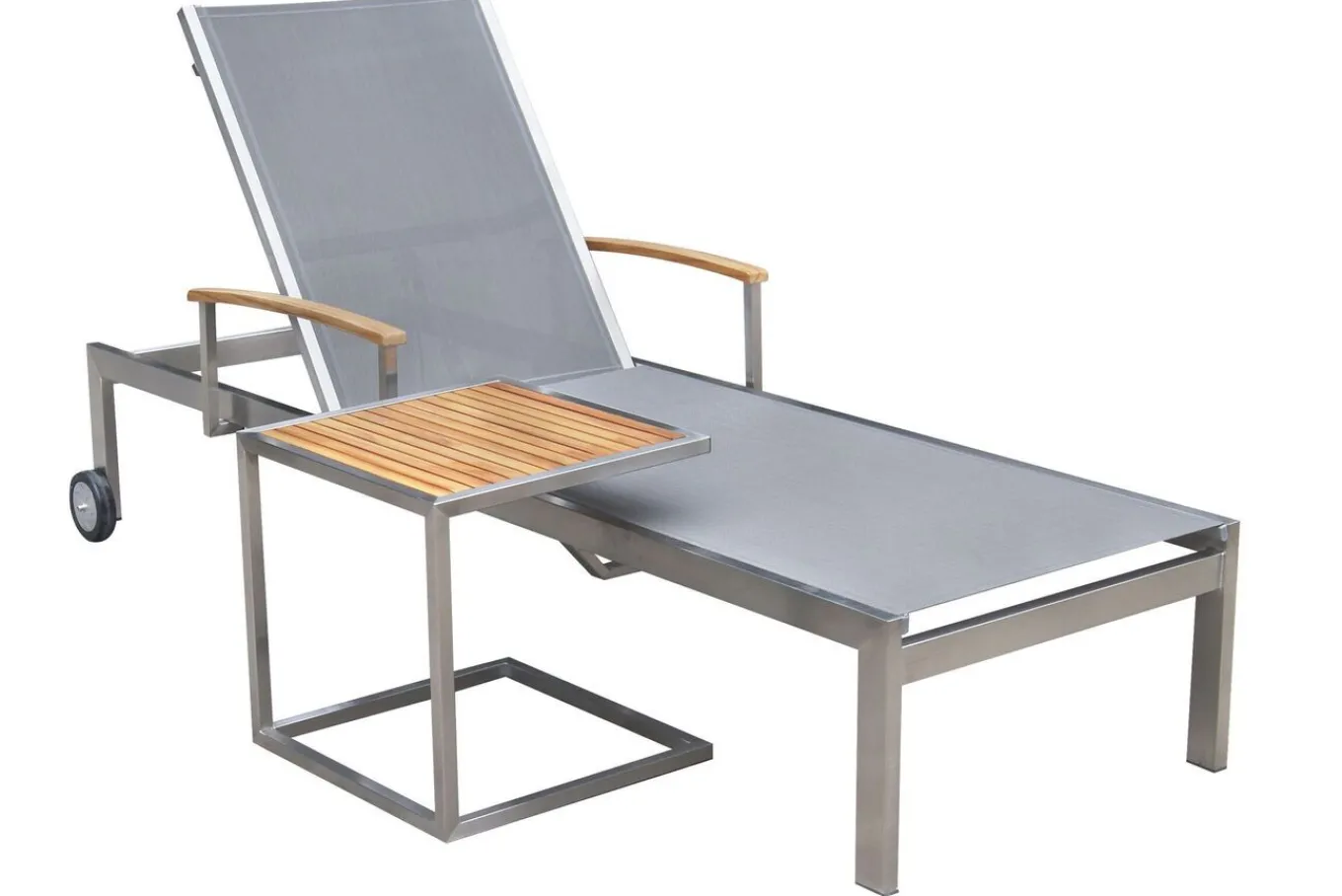 Discount Sonnenliegen-Set, silber, Edelstahl/Teak, 195,5x74x35cm, mit Armlehnen, inkl. Beistelltisch 45x45cm, FSC®-zertifiziertes Produkt Gartenliegen