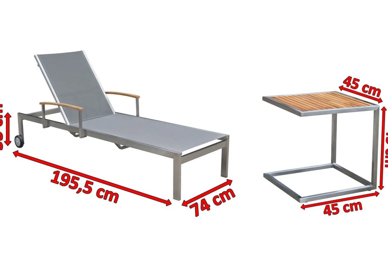 Discount Sonnenliegen-Set, silber, Edelstahl/Teak, 195,5x74x35cm, mit Armlehnen, inkl. Beistelltisch 45x45cm, FSC®-zertifiziertes Produkt Gartenliegen