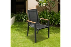 Discount Stapelstuhl, anthrazit matt, Alu/Textilene, Armlehnen aus Teak, pulverbeschichtet Gartenstühle & Gartensessel