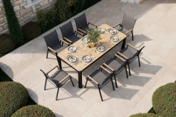 New Tallinn Garten-Essgruppe, 8 Personen, Tisch 200x90 cm, Alu/Holzimitat, anthrazit/natur Garten-Essgruppen|Aluminium-Gartenmöbel