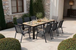 New Tallinn Garten-Essgruppe, 8 Personen, Tisch 200x90 cm, Alu/Holzimitat, anthrazit/natur Garten-Essgruppen|Aluminium-Gartenmöbel