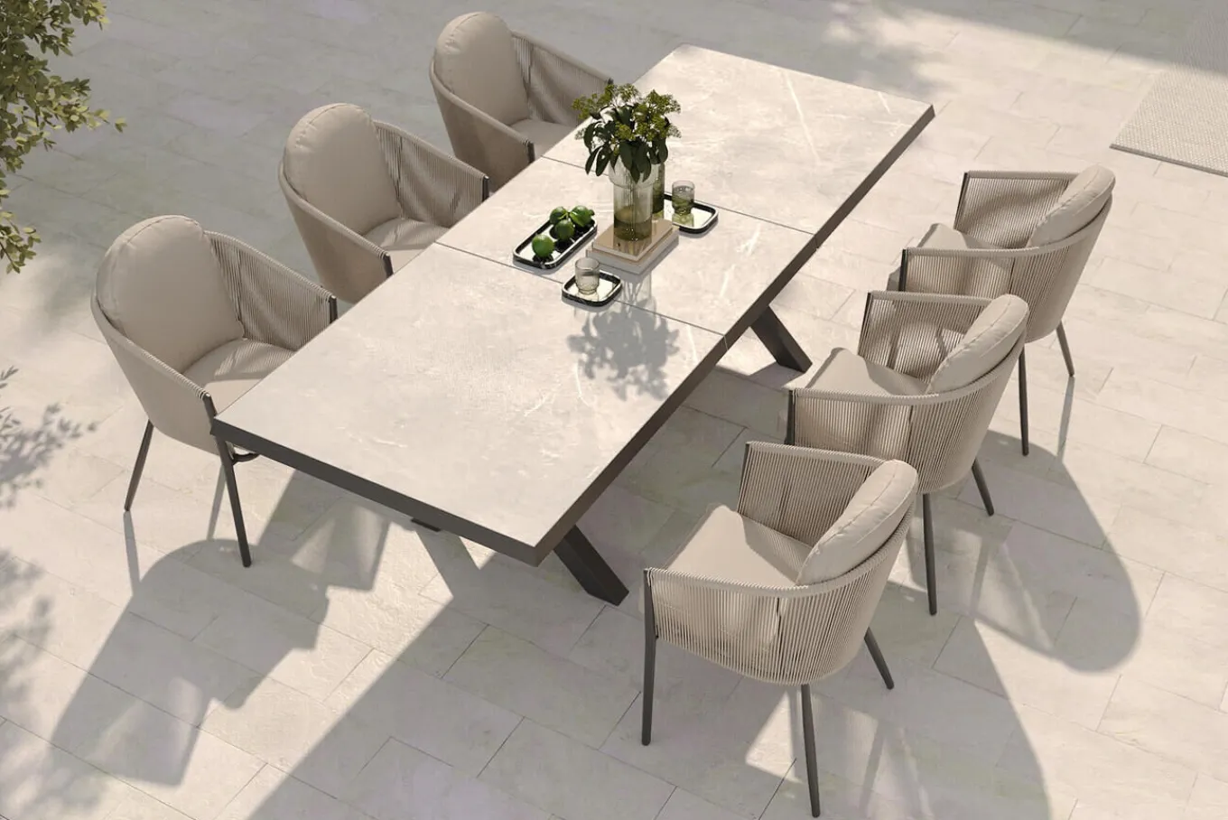 Hot Tavio Garten-Essgruppe schwarz/beige, Alu/Steinimitat/Rope-Geflecht, Tisch 200/260 x 100 cm, 6 Diningsessel, ausziehbar Garten-Essgruppen
