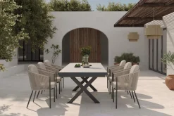 Hot Tavio Garten-Essgruppe schwarz/beige, Alu/Steinimitat/Rope-Geflecht, Tisch 200/260 x 100 cm, 6 Diningsessel, ausziehbar Garten-Essgruppen