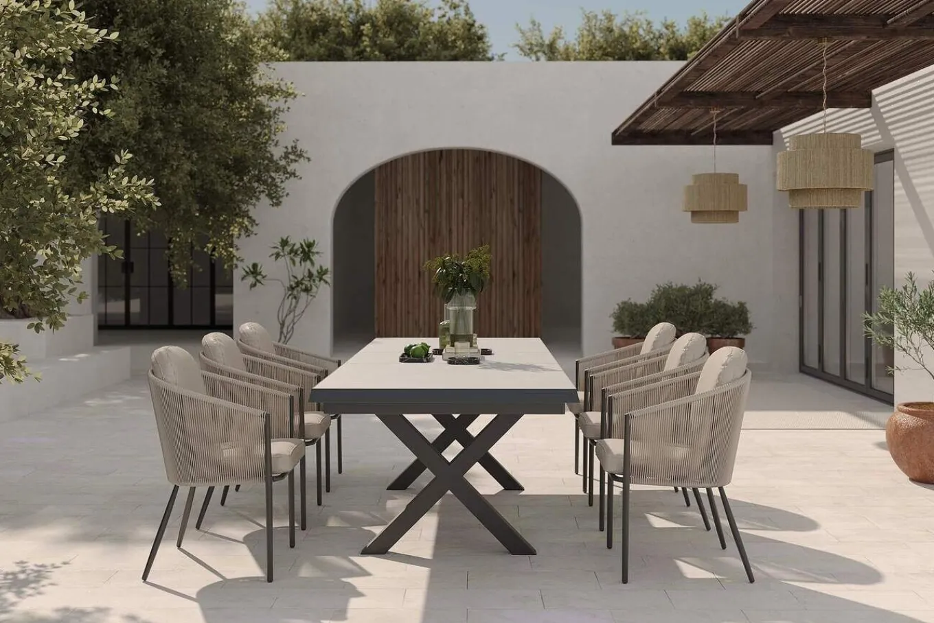 Hot Tavio Garten-Essgruppe schwarz/beige, Alu/Steinimitat/Rope-Geflecht, Tisch 200/260 x 100 cm, 6 Diningsessel, ausziehbar Garten-Essgruppen