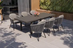 New Tavio Garten-Essgruppe, anthrazit matt/dunkelgrau, Alu/Rope-Geflecht, Ausziehtisch 180/240 x 100 cm, inkl. 6 Dining Sessel Garten-Essgruppen