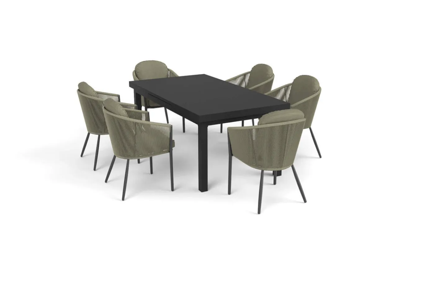 Hot Tavio Garten-Essgruppe, anthrazit matt/grün, Alu/Rope-Geflecht, ausziehbare Tischplatte 180/240 x 100 cm, 6 Diningsessel Garten-Essgruppen