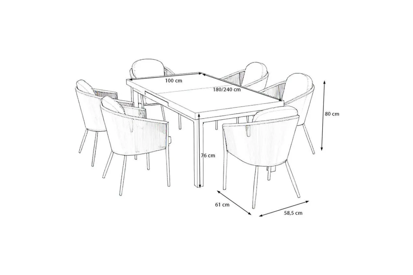Hot Tavio Garten-Essgruppe, anthrazit matt/grün, Alu/Rope-Geflecht, ausziehbare Tischplatte 180/240 x 100 cm, 6 Diningsessel Garten-Essgruppen