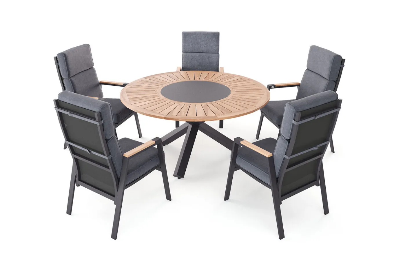 Outlet Trondheim Garten-Essgruppe, anthrazit, Aluminium/Teak/Polyester, Ø150 x 75,5 cm, pulverbeschichtet, witterungsbeständig, Polster inklusive Garten-Essgruppen