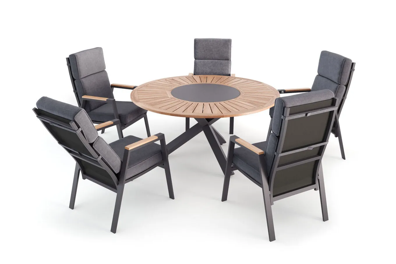 Outlet Trondheim Garten-Essgruppe, anthrazit, Aluminium/Teak/Polyester, Ø150 x 75,5 cm, pulverbeschichtet, witterungsbeständig, Polster inklusive Garten-Essgruppen