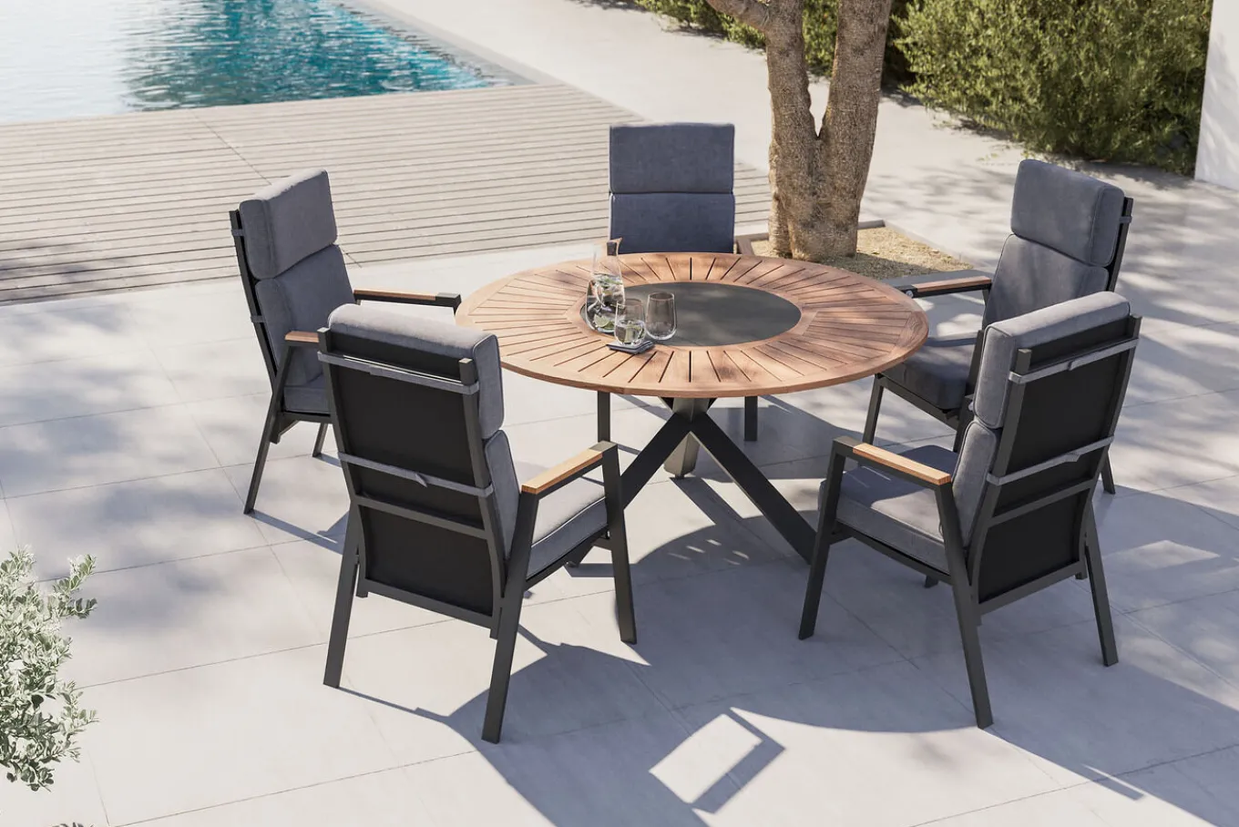 Outlet Trondheim Garten-Essgruppe, anthrazit, Aluminium/Teak/Polyester, Ø150 x 75,5 cm, pulverbeschichtet, witterungsbeständig, Polster inklusive Garten-Essgruppen
