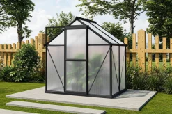 Discount Verde Basic Gewächshaus, schwarzer Rahmen, Aluminium/Polycarbonat, 130x183x190 cm, pulverbeschichtet, UV-geschützt, mit Schiebetür Gewächshaus|Aluminium-Gartenmöbel