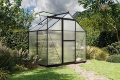 Discount Verde Basic Gewächshaus, schwarzer Rahmen, Aluminium/Polycarbonat, 130x183x190 cm, pulverbeschichtet, UV-geschützt, mit Schiebetür Gewächshaus|Aluminium-Gartenmöbel