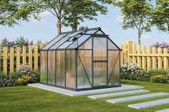 Clearance Verde Basic Gewächshaus, schwarzer Rahmen, Aluminium pulverbeschichtet mit Polycarbonat-Doppelstegplatten, 245 x 183 x 190 cm, UV-beständig, inkl. Schiebetür Gewächshaus|Aluminium-Gartenmöbel