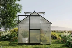 Clearance Verde Basic Gewächshaus, schwarzer Rahmen, Aluminium pulverbeschichtet mit Polycarbonat-Doppelstegplatten, 245 x 183 x 190 cm, UV-beständig, inkl. Schiebetür Gewächshaus|Aluminium-Gartenmöbel