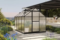 Clearance Verde Basic Gewächshaus, schwarzer Rahmen, Aluminium pulverbeschichtet mit Polycarbonat-Doppelstegplatten, 245 x 183 x 190 cm, UV-beständig, inkl. Schiebetür Gewächshaus|Aluminium-Gartenmöbel