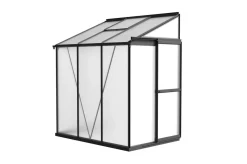 Clearance Verde Comfort Anlehn-Gewächshaus, schwarzer Rahmen, Aluminium pulverbeschichtet mit 4 mm Polycarbonatplatten, 192 x 125 x 210 cm, UV-beständig, mit Schiebetür und Belüftungsfenster Gewächshaus|Aluminium-Gartenmöbel