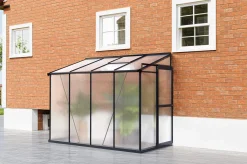 Clearance Verde Comfort Anlehn-Gewächshaus, schwarzer Rahmen, Aluminium/Polycarbonat, 265 x 125 x 210 cm, pulverbeschichtet, UV-Schutz, Schiebetür Gewächshaus|Aluminium-Gartenmöbel