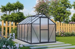 Online Verde Premium Gewächshaus, schwarzer Rahmen, Aluminium/Polycarbonat, 302 x 183 x 200 cm, pulverbeschichtet, Schiebetür, 2 Fenster, UV-beständig Gewächshaus