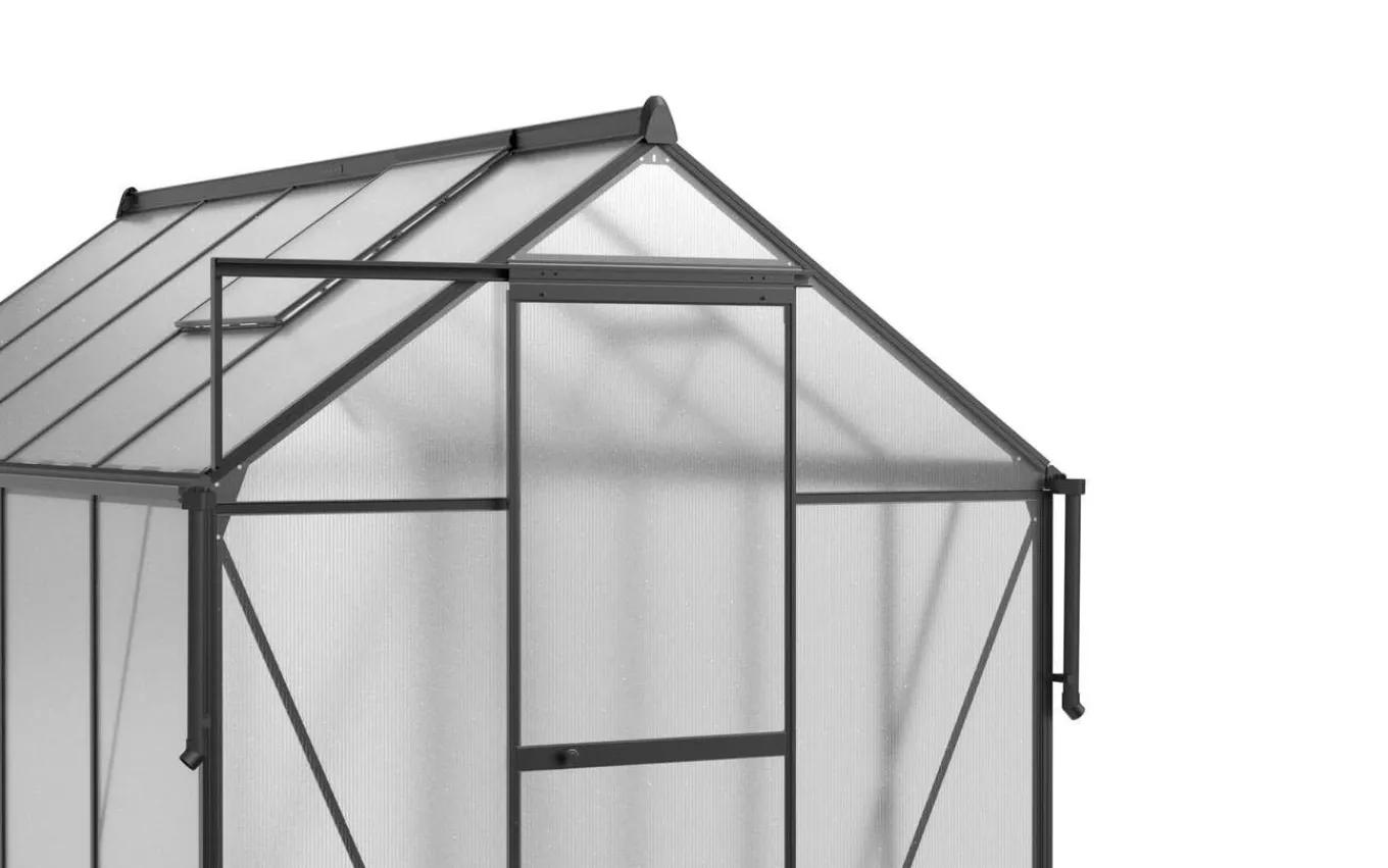 Online Verde Premium Gewächshaus, schwarzer Rahmen, Aluminium/Polycarbonat, 302 x 183 x 200 cm, pulverbeschichtet, Schiebetür, 2 Fenster, UV-beständig Gewächshaus