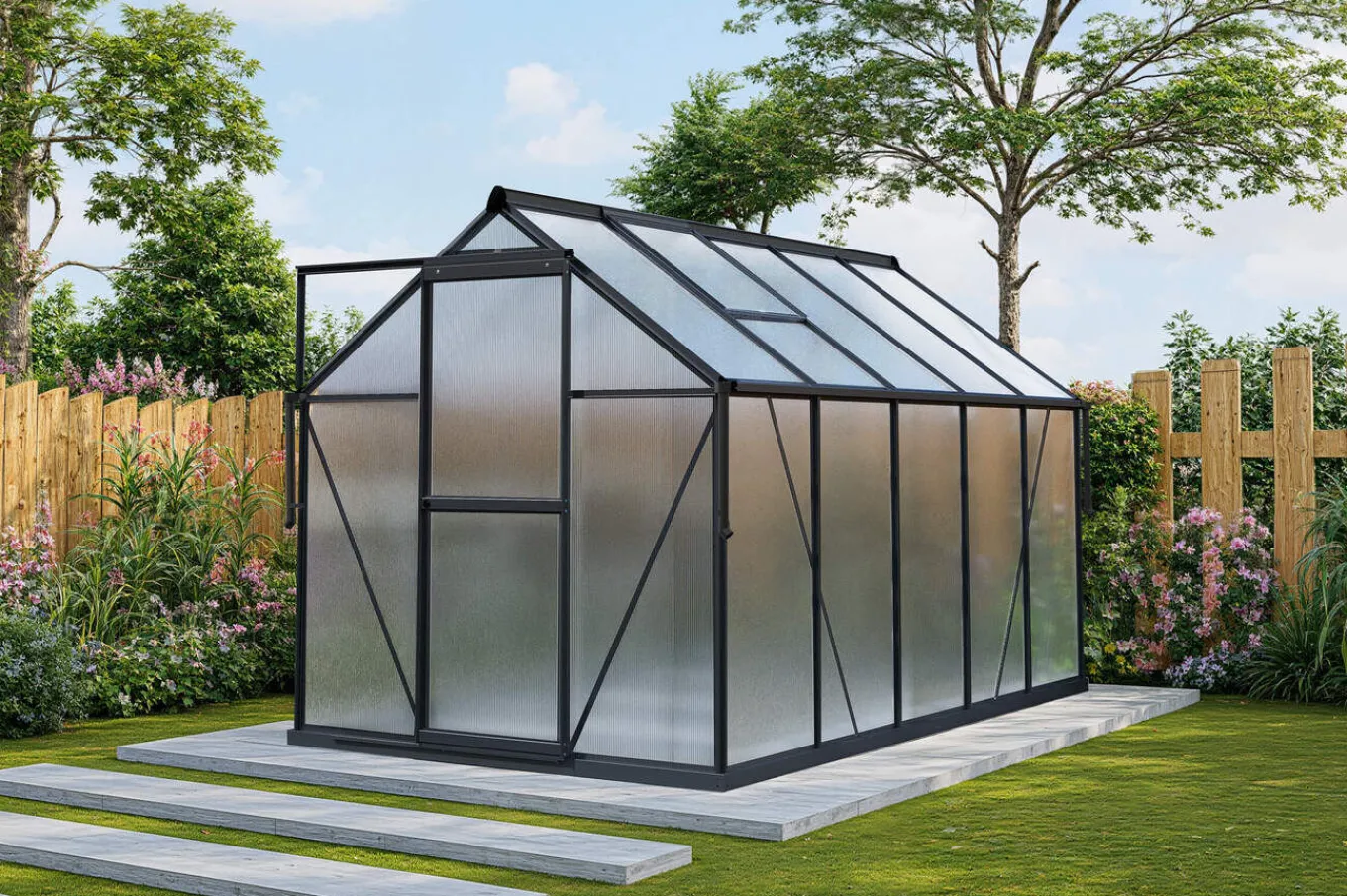 Online Verde Premium Gewächshaus, schwarzer Rahmen, Aluminium/Polycarbonat, 302 x 183 x 200 cm, pulverbeschichtet, Schiebetür, 2 Fenster, UV-beständig Gewächshaus