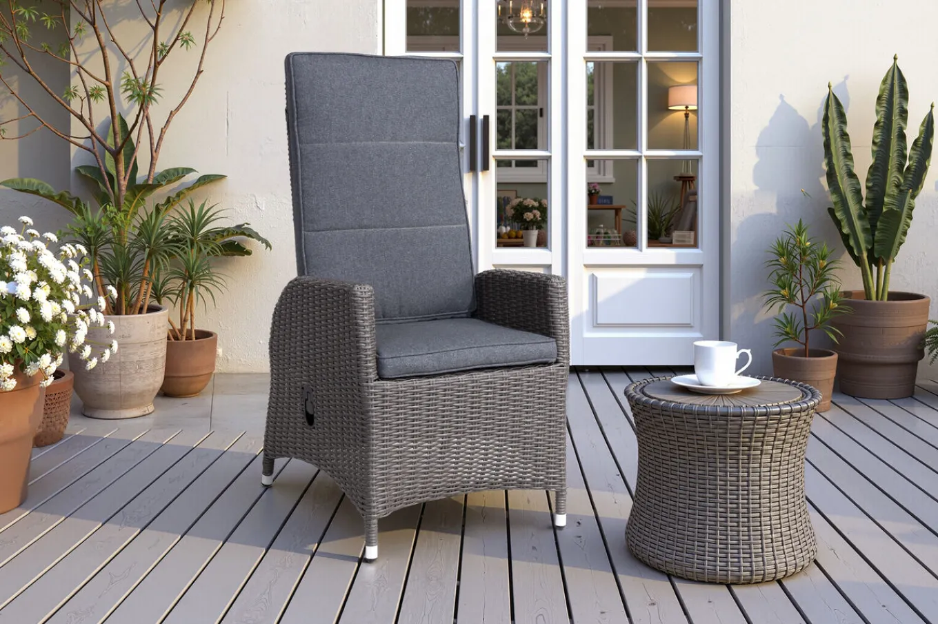 Sale Vigo Dining-Sessel, stahlgrau-meliert, Polyrattan, 60x68x111cm, Rücken stufenlos verstellbar Polyrattan-Gartenmöbel|Gartenstühle & Gartensessel