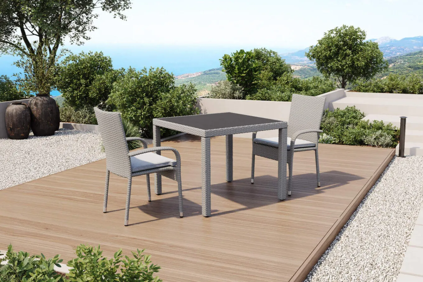 Sale Vigo Garten-Essgruppe, stahlgrau-meliert, Alu/Polyrattan, Tisch 90 x 90 cm, 2 Stühle, Polster inklusive, pulverbeschichtet Balkonmöbel-Set|Aluminium-Gartenmöbel