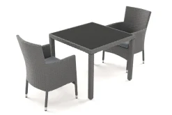 Hot Vigo Garten-Essgruppe, stahlgrau-meliert/grau, Alu/Polyrattan/Glas, Tisch 90 x 90 cm, 2 Sessel, Polster Inklusive, Pulverbeschichtet Balkonmöbel-Set|Aluminium-Gartenmöbel