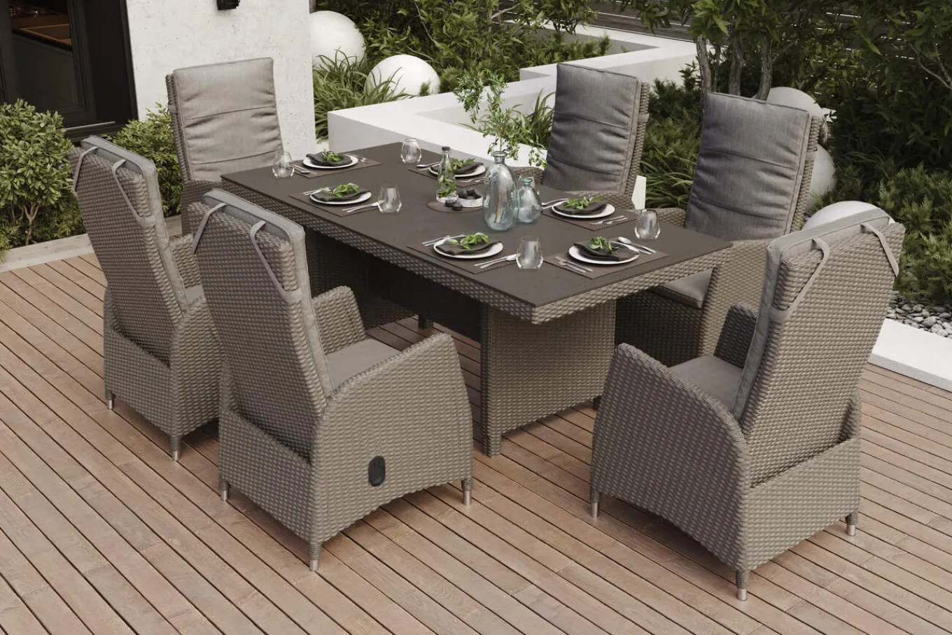Clearance Vigo Garten-Essgruppe, 6 Personen, inkl. Kissen, 200x95cm, Polyrattan Polyrattan-Gartenmöbel|Garten-Essgruppen