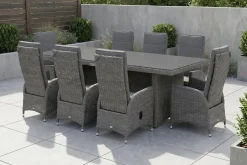 Vigo Garten-Essgruppe, grau/schiefergrau, Aluminium/Polyrattan/Glas, 200 x 95 cm, 8 Sessel, verstellbare Rückenlehne Polyrattan-Gartenmöbel|Garten-Essgruppen