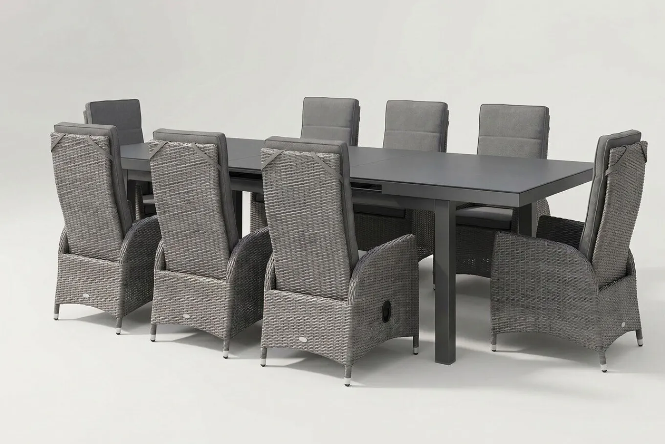 Vigo Garten-Essgruppe, anthrazit/grau, Polyrattan/Aluminium/Glas, 180/240 x 100 cm, 8 verstellbare Sessel Polyrattan-Gartenmöbel|Garten-Essgruppen
