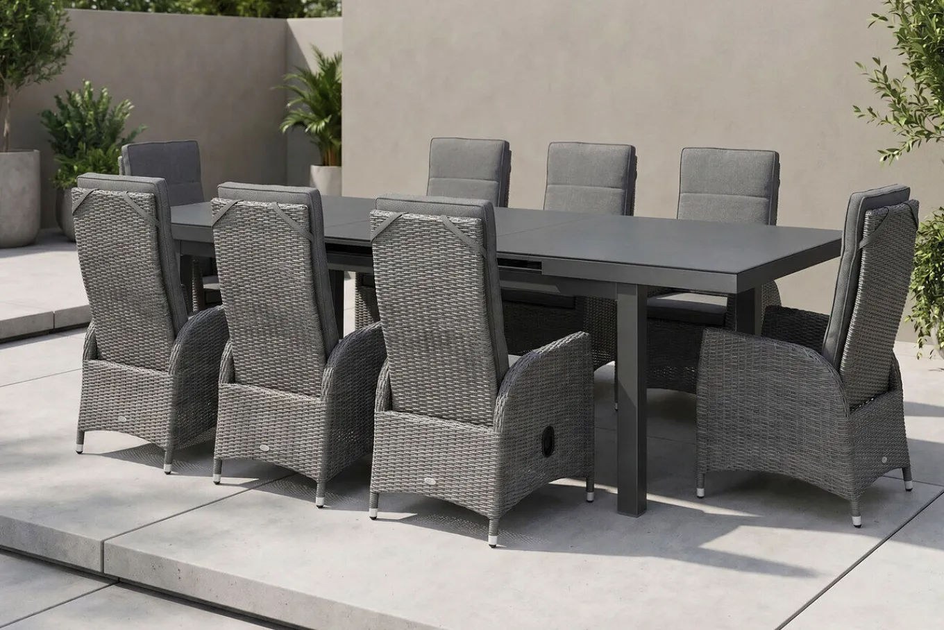 Vigo Garten-Essgruppe, anthrazit/grau, Polyrattan/Aluminium/Glas, 180/240 x 100 cm, 8 verstellbare Sessel Polyrattan-Gartenmöbel|Garten-Essgruppen