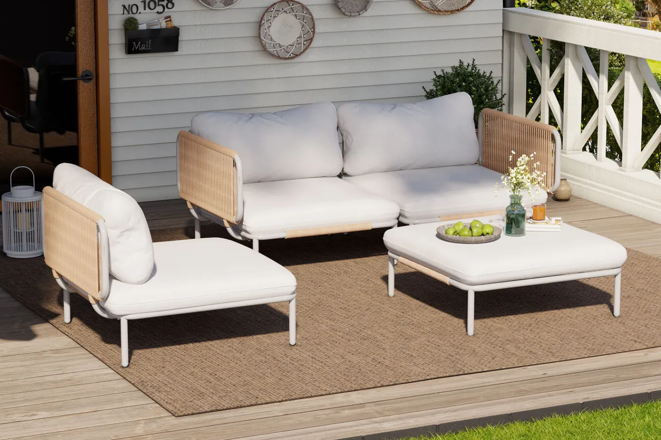 Discount Visby Gartenlounge 4-teilig, creme/weiß, Alu/Stahl, inkl. Kissen & Ottomane, elektrophoretisch beschichtet Gartenlounge|Edelstahl-Gartenmöbel