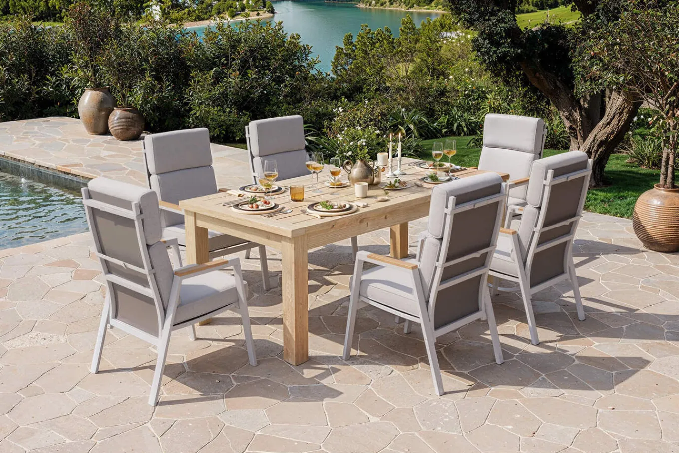 Discount Zadar Garten-Essgruppe mit 6 Sesseln, natur/grau, Teak/Aluminium/Textilene, 200 x 100 cm, ergonomisch, verstellbare Rückenlehne Garten-Essgruppen|Aluminium-Gartenmöbel
