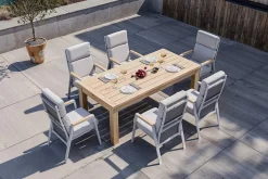 Discount Zadar Garten-Essgruppe mit 6 Sesseln, natur/grau, Teak/Aluminium/Textilene, 200 x 100 cm, ergonomisch, verstellbare Rückenlehne Garten-Essgruppen|Aluminium-Gartenmöbel