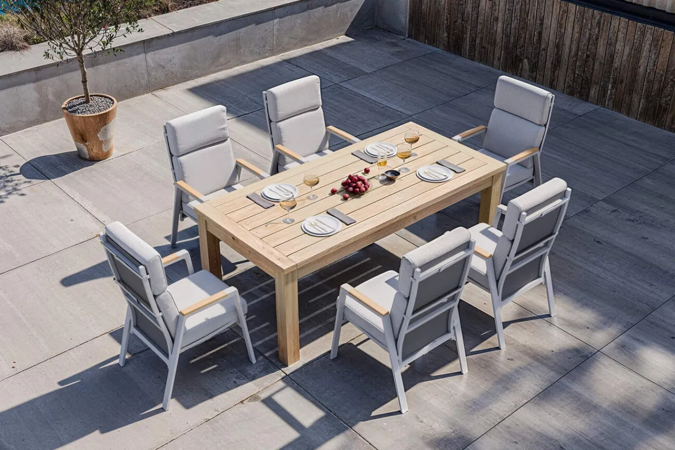 Discount Zadar Garten-Essgruppe mit 6 Sesseln, natur/grau, Teak/Aluminium/Textilene, 200 x 100 cm, ergonomisch, verstellbare Rückenlehne Garten-Essgruppen|Aluminium-Gartenmöbel