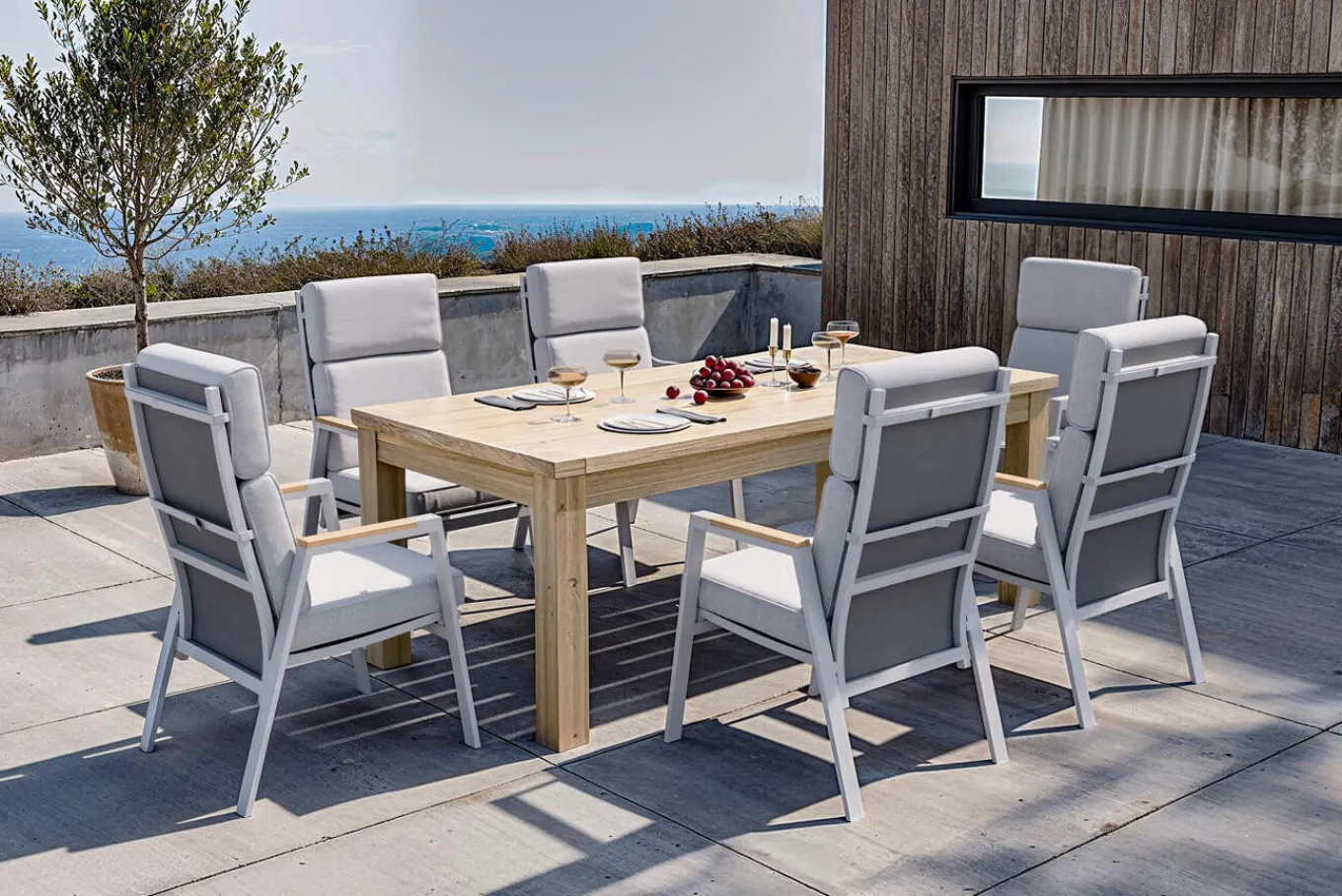 Discount Zadar Garten-Essgruppe mit 6 Sesseln, natur/grau, Teak/Aluminium/Textilene, 200 x 100 cm, ergonomisch, verstellbare Rückenlehne Garten-Essgruppen|Aluminium-Gartenmöbel