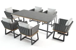 Best Aurora Garten-Essgruppe mit 6 Sesseln, anthrazit/pale silver, Alu/Polyester/Rope, 200 x 100 cm, Steindekor, inkl. Polster Garten-Essgruppen